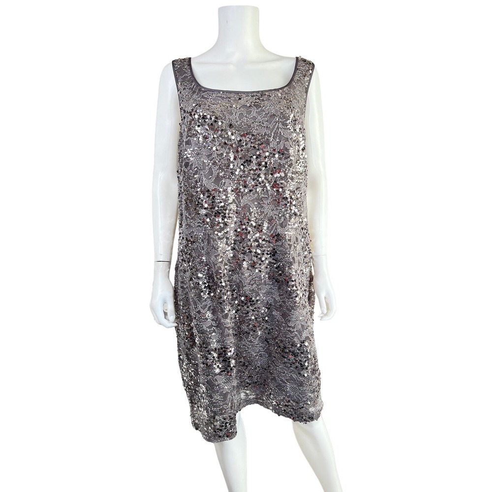 Alex Evenings Dress Sleeveless Silver Sequin Lace Lined Stretch Petite 20 NWT